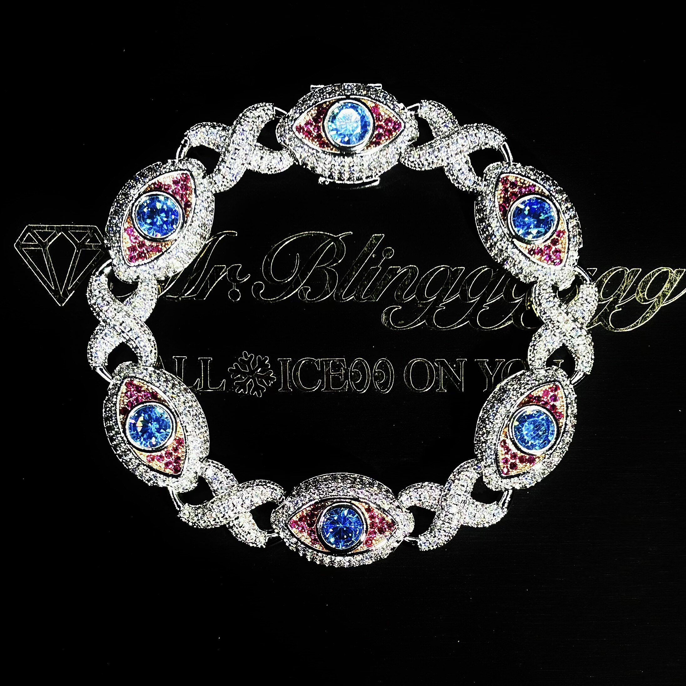 Mr.Blingggggg European and American hip-hop jewelry, custom-made full-diamond blue and pink Mobius all-seeing eye handpiece