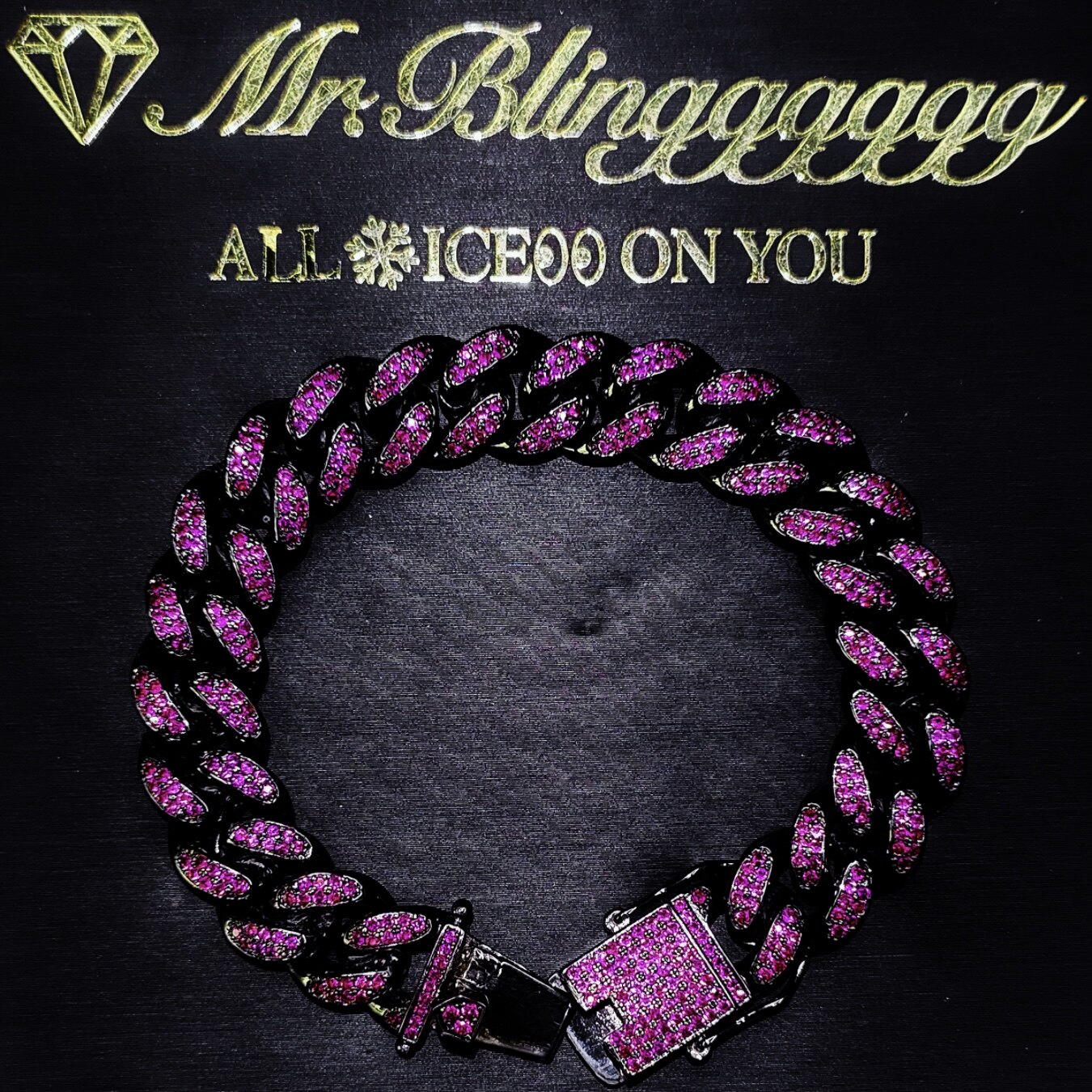 Mr.Blingggggg European and American hip-hop jewelry 12mm full diamond customized black background red corundum color Cuban bracelet