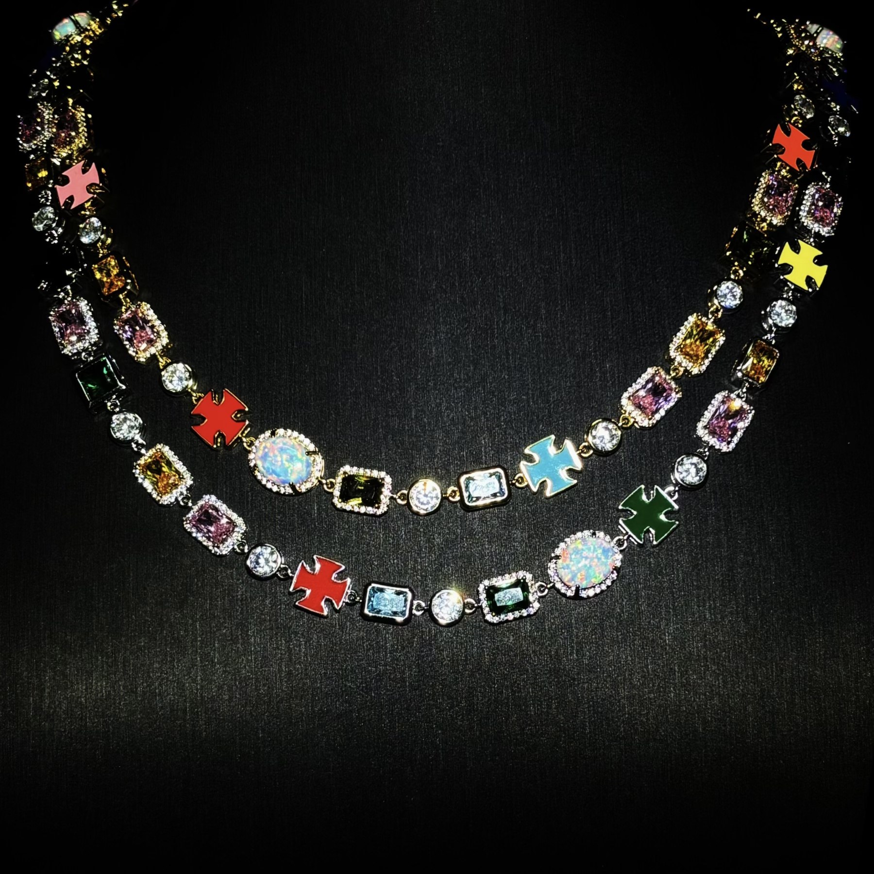 Mr.Blingggggg European and American hip-hop jewelry ins same style full diamond colored gemstone enamel iron cross opal necklace