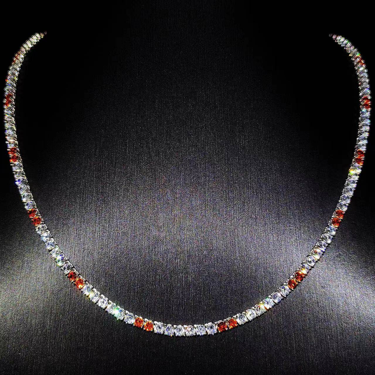 Mr.Blingggggg European and American hip-hop jewelry customized 3mm white diamond spliced garnet red super flash tennis necklace