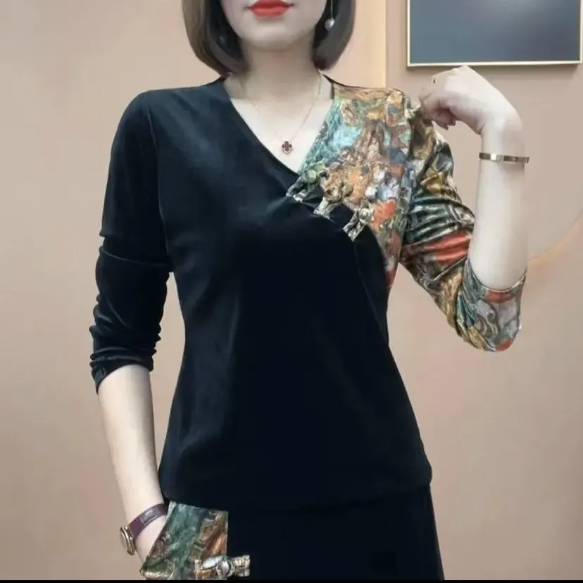 高档金丝绒长袖民族风盘扣旗袍裙大码洋气质中年妈妈装显瘦两件套 - 图2