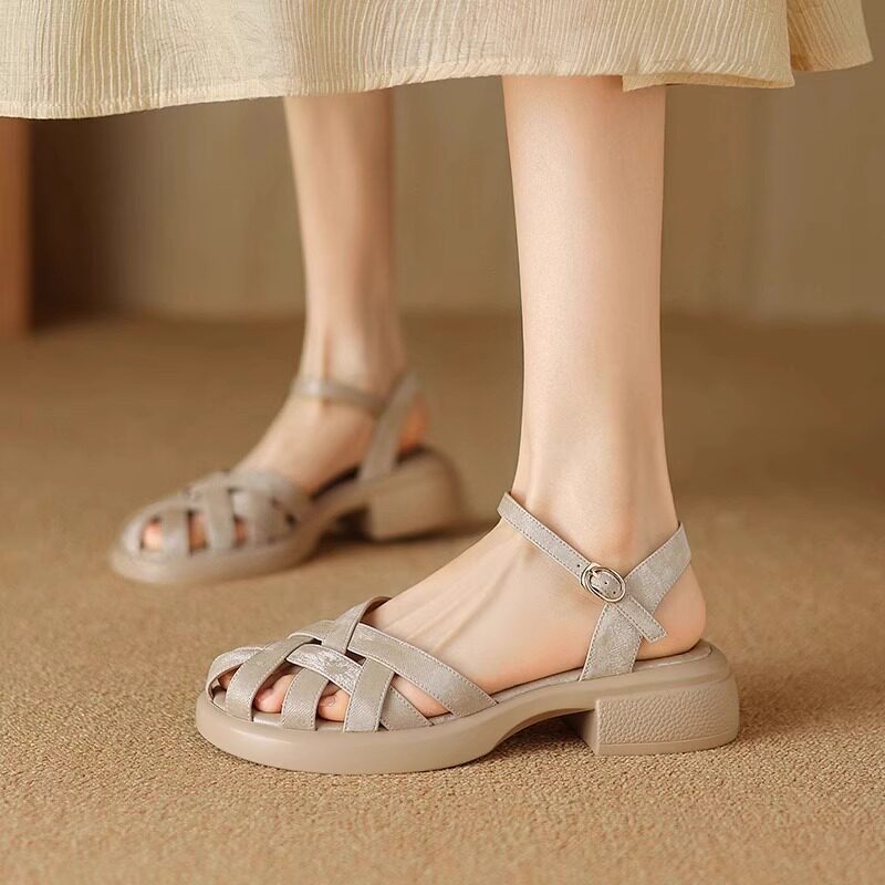 真皮包头凉鞋女新款夏季女鞋镂空编织猪笼鞋不累脚法式粗跟高跟鞋,淘宝优惠券,粉丝福利购,淘宝优惠卷