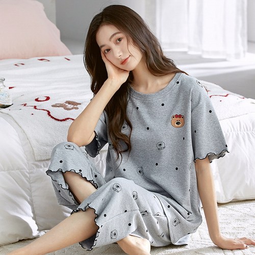 夏季短袖睡衣套装自带胸垫一体大码女防凸点家居服宽松韩版可外穿 - 图2