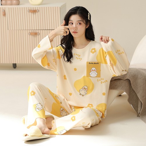 春秋季睡衣女薄款大码自带胸垫一体长袖套装冬夏款学生宽松家居服 - 图2