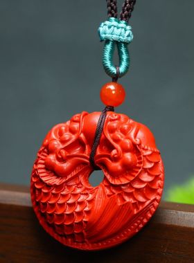 朱砂龙鱼平安扣红色编织绳吊坠