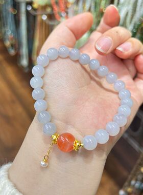 和田玉冰烟紫配南红珍珠手串