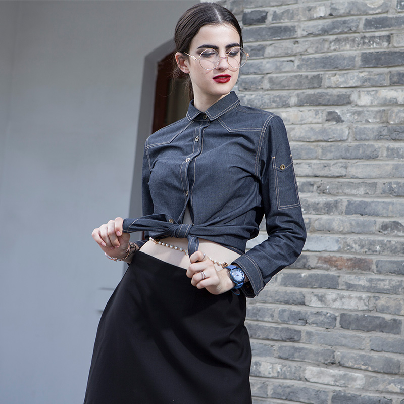 多米来西餐厅服务员工作服女酒店宾馆饭店服务生衣服长袖餐饮制服 - 图0