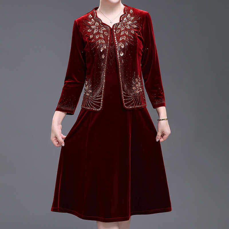 喜婆婆婚宴装中年妈妈结婚气质优雅礼服秋冬金丝绒两件套装连衣裙