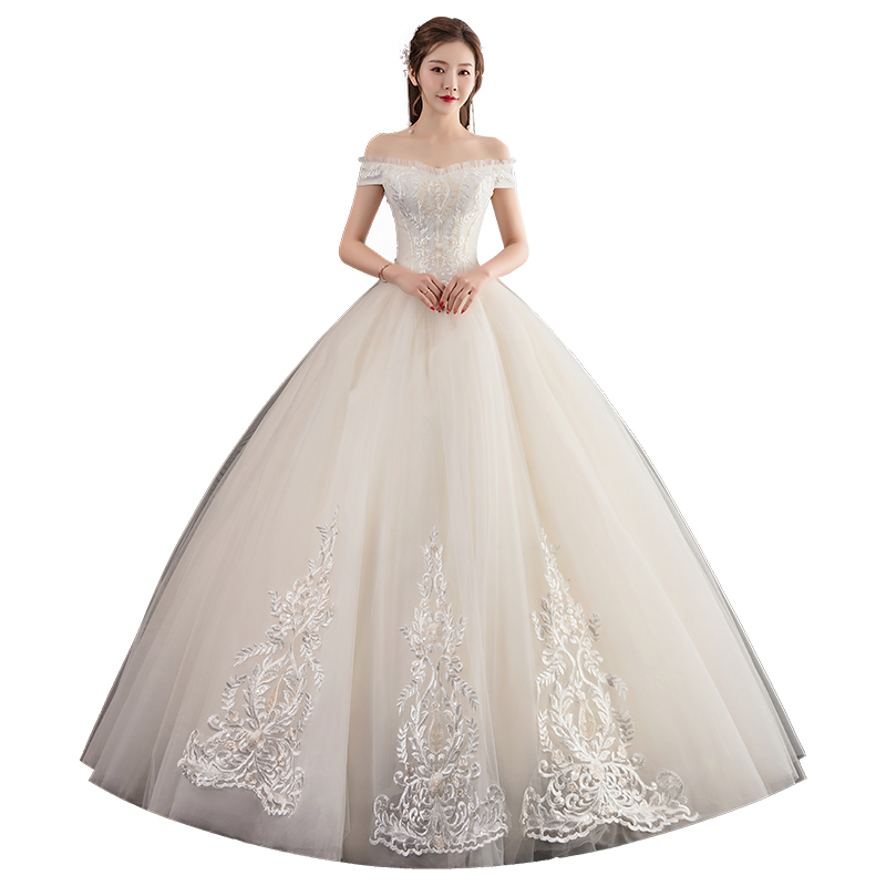 One word Korean style light wedding dress 2023 New dreamy, super immortal temperament, small bride, champagne Seedon system One word Korean style light wedding dress 2023 New dreamy, super immortal temperament, small bride, champagne Seedon system