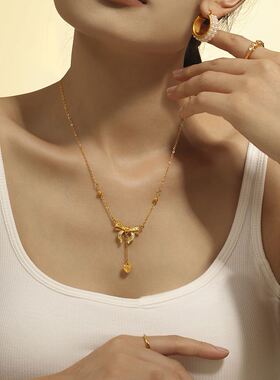 欧美chic风爱心流苏蝴蝶结锁骨项链甜美风女式项链钛钢镀18k真金