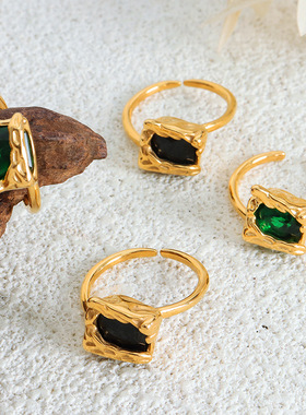 欧美小众ins风祖母绿个性开口戒指钛钢不锈钢18K不掉色指环女饰品