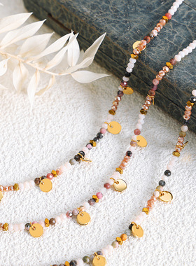 多巴胺天然石玻璃石多彩串珠项链钛钢百搭轻奢精致气质锁骨链饰品