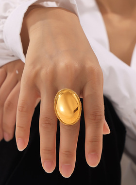 欧美跨境几何椭圆造型手饰不锈钢镀18k金光面戒指个性气质指环女