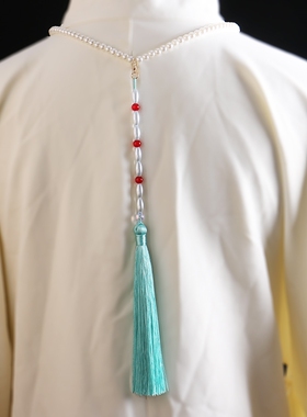 古风璎珞长款仿珍珠背云璎珞烧蓝点翠汉服项链长流苏晚明风配饰