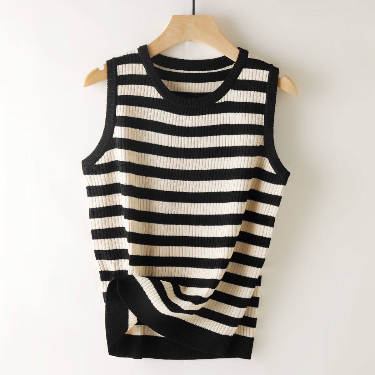 圆领宽松条纹吊带背心女针织衫无袖上衣百搭休闲款女士夏季螺纹