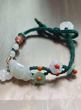 天然A货缅料翡翠白冰荷花原创设计编织梅花手链新中式百搭女款