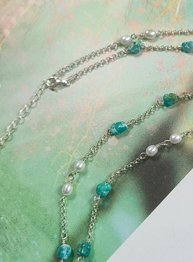 原创设计手工制作镶嵌绿松莲蓬吊坠925银绿松珍珠锁骨链新中式