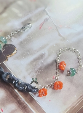 天然翡翠A货缅料乌鸡雕刻链条手工设计925银南红花手链中式风