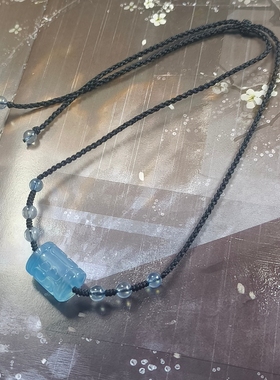 天然海蓝宝雕刻回纹桶珠原创设计编织锁骨链项链饰品礼物中式国风