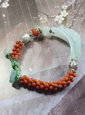 天然A货缅料翡翠冰牡丹花手牌南红米珠足银手工设计编织手链国风