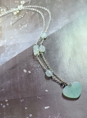 天然A货翡翠缅料冰晴色爱心吊坠925银手工设计制作锁骨链简约中式