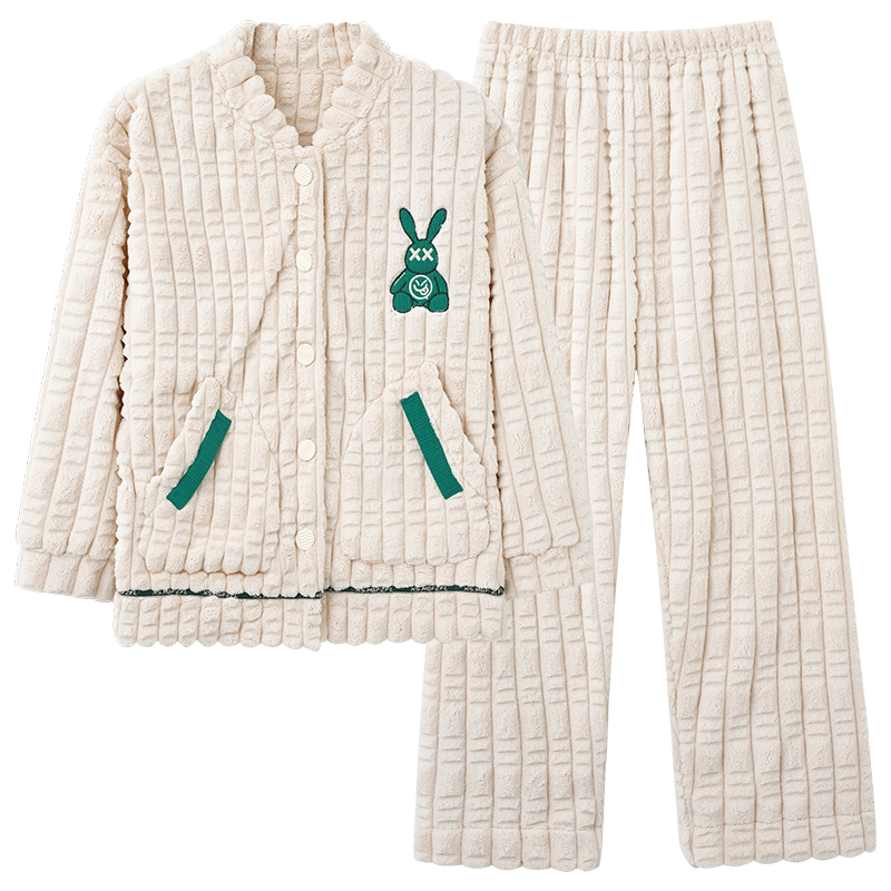 浪莎冬季珊瑚绒情侣睡衣女加绒加厚保暖法兰绒男士冬天家居服套装 - 图3