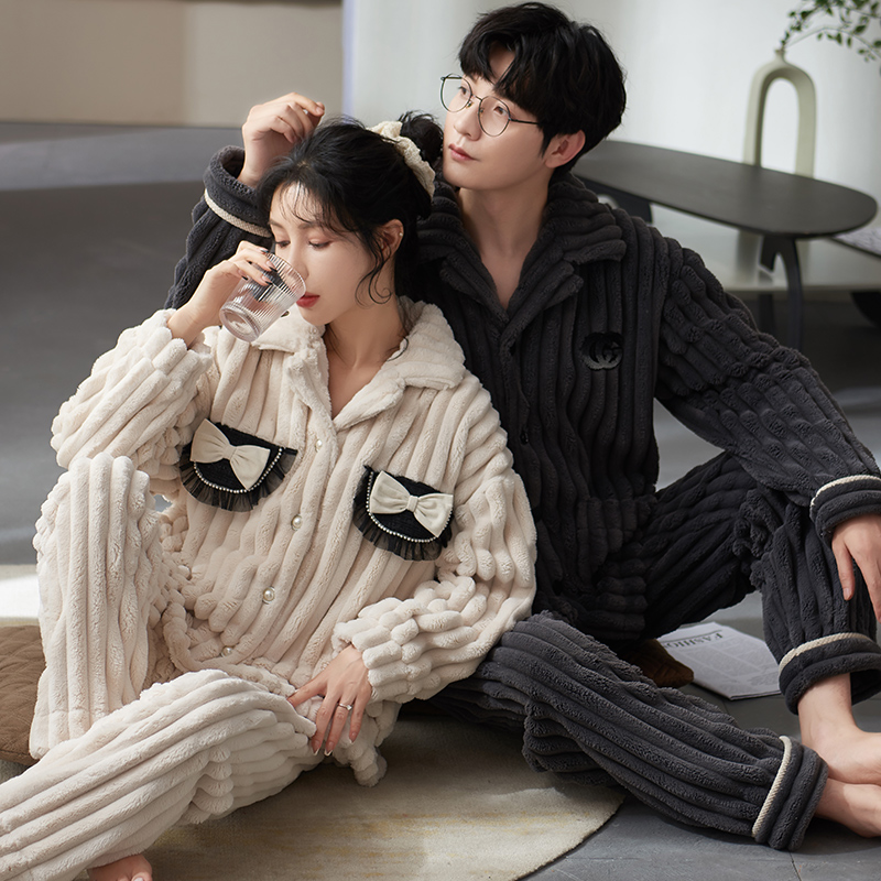 浪莎冬季珊瑚绒情侣睡衣女加绒加厚保暖法兰绒男士冬天家居服套装 - 图0