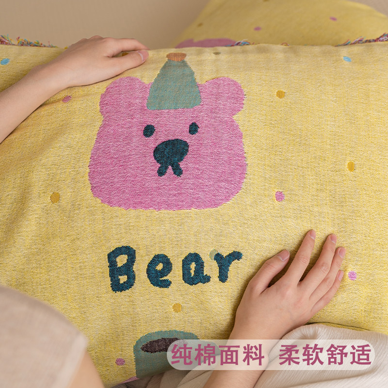 流苏彩点熊枕巾纯棉A类四层纱布新款全棉四季通用卡通枕头巾儿童,淘宝优惠券,粉丝福利购,淘宝优惠卷