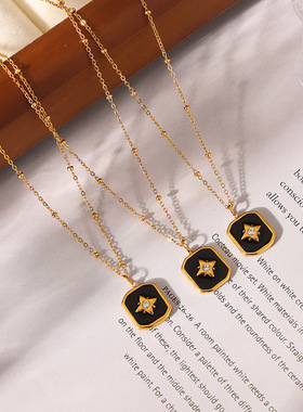 欧美风跨境复古黑亚克力滴油镶钻星星方牌项链不锈钢镀金通勤