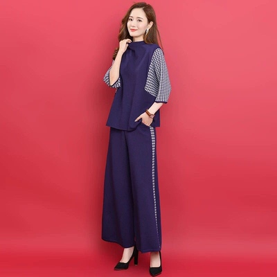 专柜正品套装女神洋气女装新款千鸟格针针织衫减龄阔腿裤两件套女