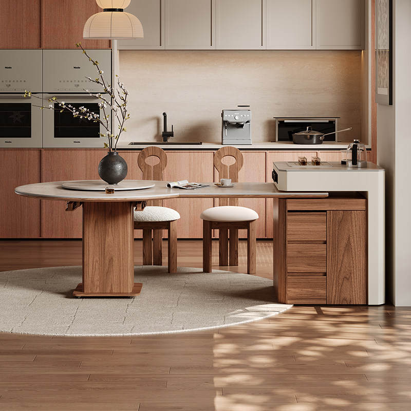 洞石岩板岛台餐桌一体可伸缩变圆桌开放式厨房方圆两用中古风导台,淘宝优惠券,粉丝福利购,淘宝优惠卷