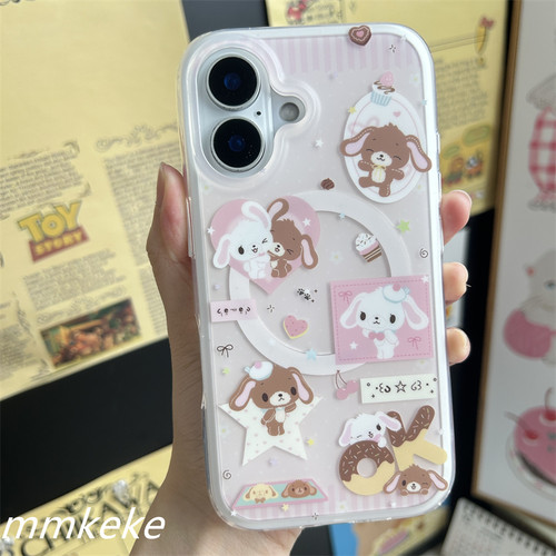 MMKEKE梦幻ins风粉粉甜点兔旋转磁吸支架适用iPhone16promax双层二合一磨砂手机壳苹果15pro保护套14pm甜妹13 - 图1