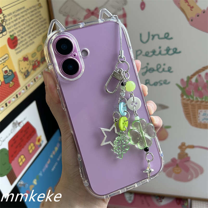 MMKEKE治愈ins风绿色幸运四叶草挂件适用iPhone16promax猫耳手机壳苹果15pro保护套14plus日系13PM12/11/XRXS,淘宝优惠券,粉丝福利购,淘宝优惠卷