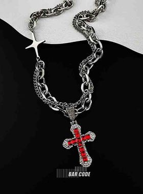 红色镶钻十字架个性嘻哈项链