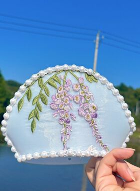 原创刺绣花冠花神百搭汉服配饰cos荷花紫藤小鸟熊猫中国风小清新