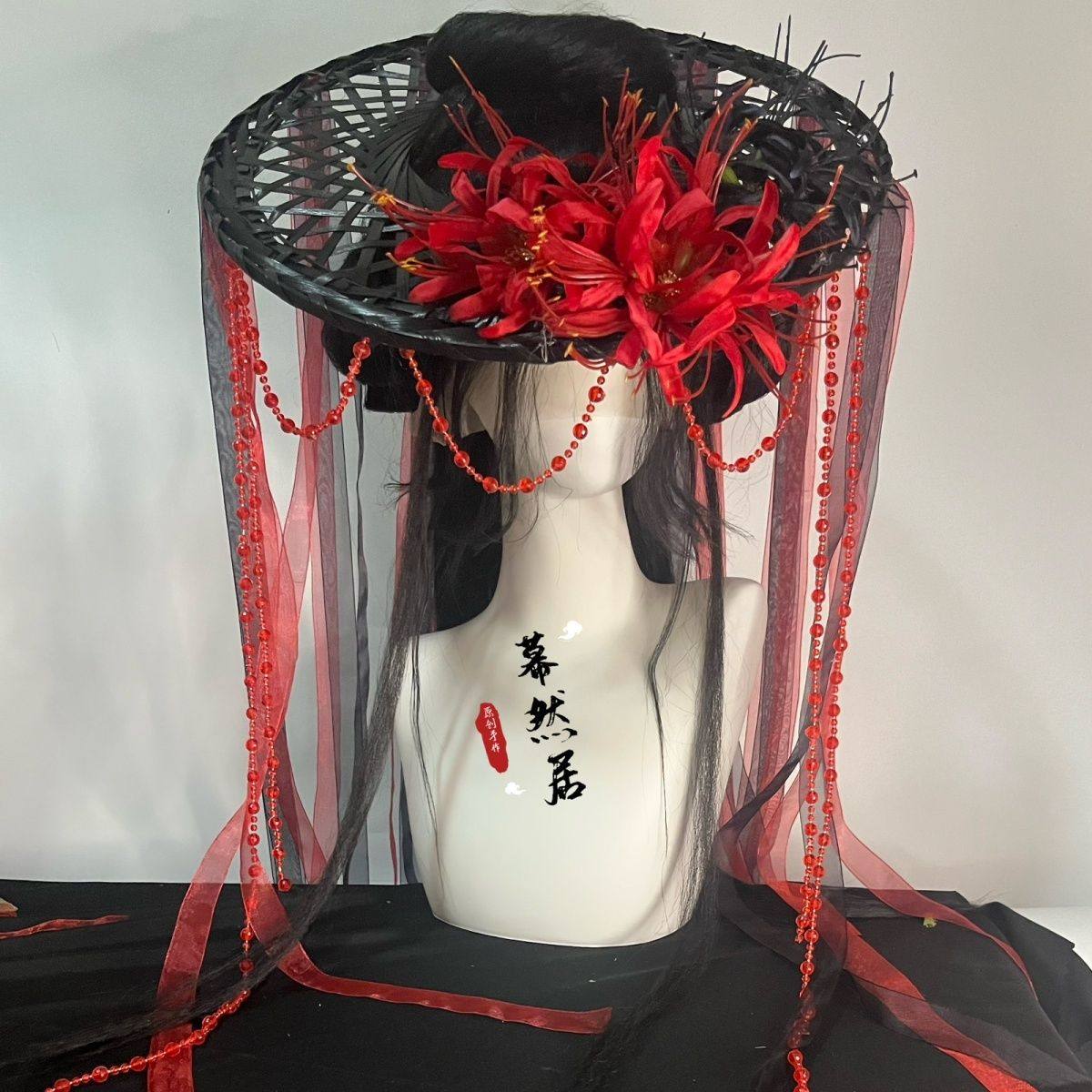 原创彼岸花斗笠仙飘带爆款汉服配饰花朵头饰古风百搭cos暗黑发夹,淘宝优惠券,粉丝福利购,淘宝优惠卷