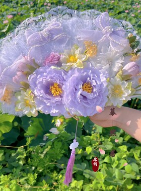 原创lolita绢花羽毛扇百搭高级高颜值手持纯手工花嫁扇拍照道具
