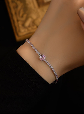 跨境欧美梦幻粉锆手链女S925纯银单排镶嵌锆石网球链高级时尚手饰
