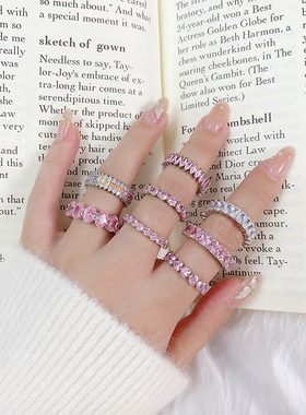 跨境几何排锆戒指S925纯银轻奢锆石钻戒高级感欧美时尚满钻指环