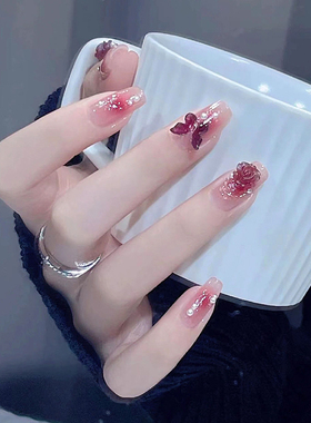 美甲饰品显白乌梅子酱山茶花蝴蝶