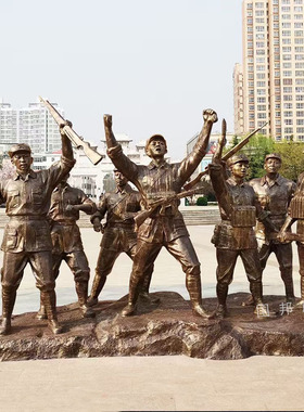 玻璃钢仿铜红军人物 铸铜抗战革命八路军战士红色主题组雕塑定做
