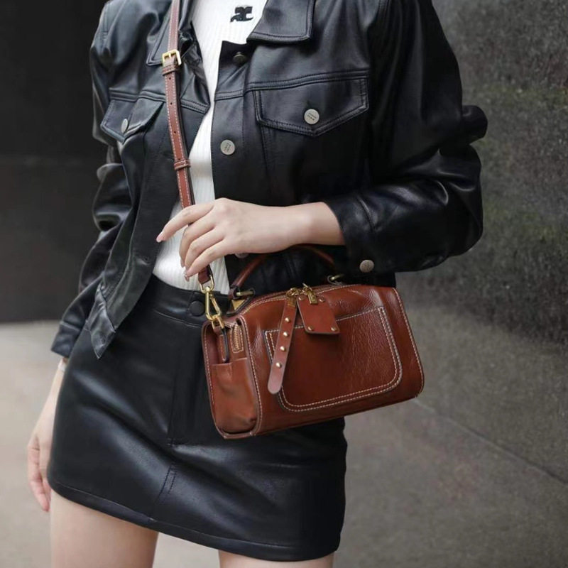 通勤日韩复古头层牛皮横款手提枕头小包女士单肩包斜挎女,淘宝优惠券,粉丝福利购,淘宝优惠卷