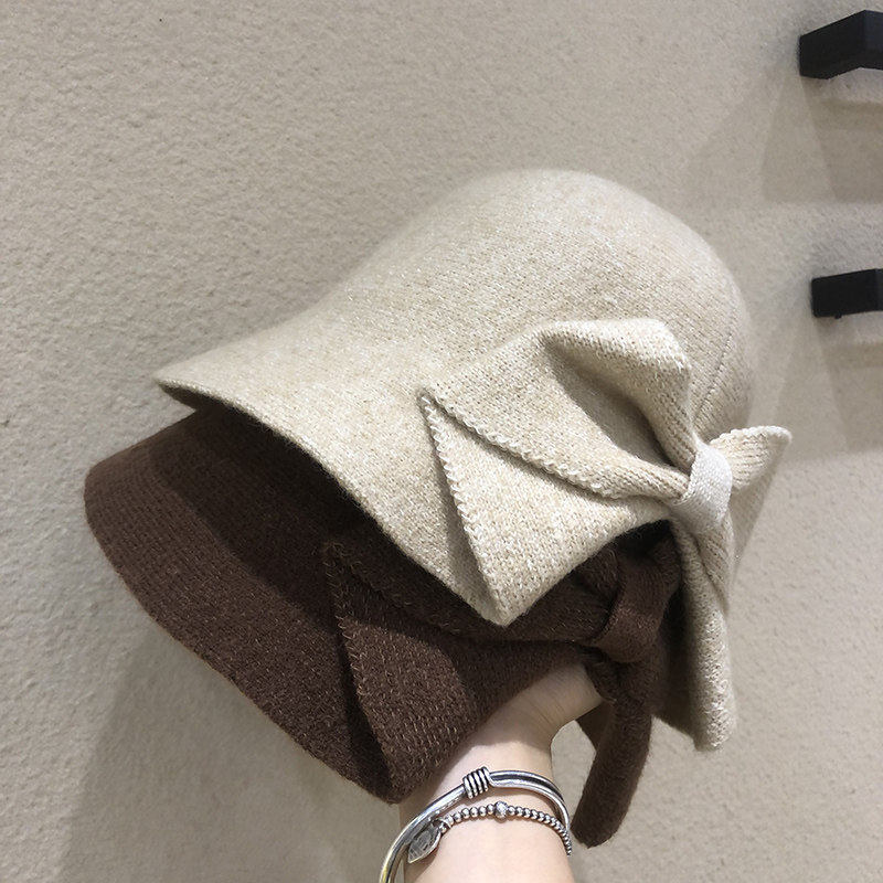 韩系chic蝴蝶结针织渔夫帽子女冬天保暖针织大头围黑色保暖盆帽潮,淘宝优惠券,粉丝福利购,淘宝优惠卷