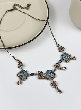 中古复古爱心花朵吊坠项链女宫廷气质高级感做旧小众锁骨链女