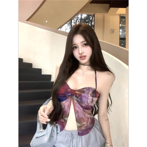 2024美式印花吊带背心女夏季泰式甜辣妹高级感不规则抹胸挂脖上衣 - 图3