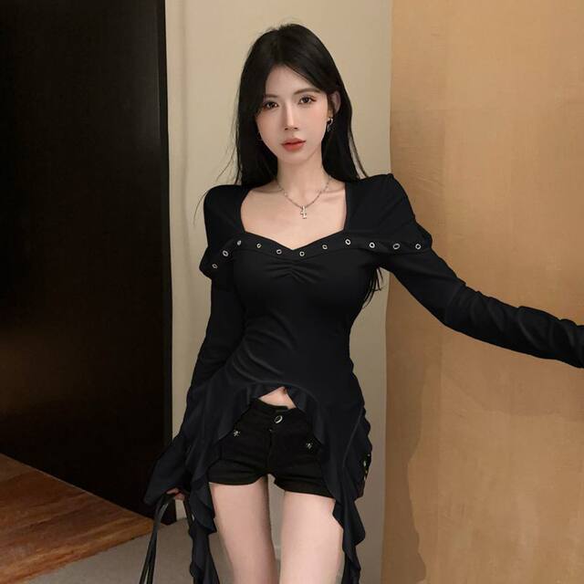 Pure Desire Hot Girl Square Neck Bell Sleeve White Sleeve T-shirt Design Irregular Ruffles Ribbon Slim Fit Top
