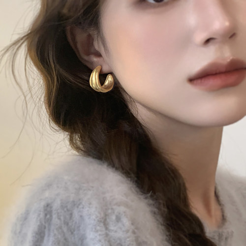 迷度S925银针圆弧耳环法式复古气质耳钉时髦耳圈女不规则简约高级 - 图0