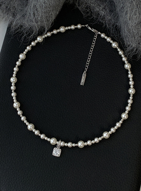 法式气泡方糖珍珠项链锁骨链气质