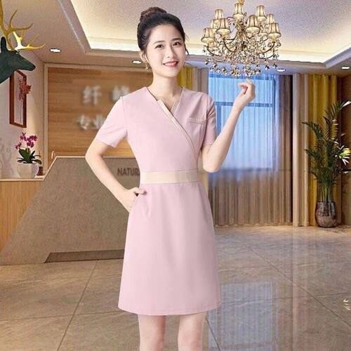 新款美容师工作服女夏时尚气质美容院服装足疗店技师服连衣裙短袖 - 图1