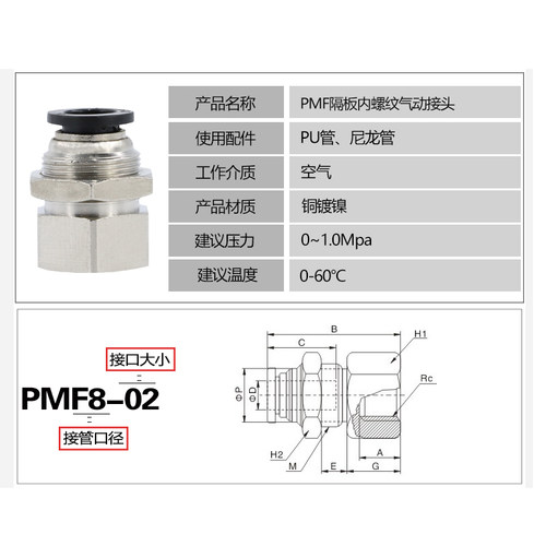 CHPISCO气管快速接头PMF8-02气动内牙螺纹6mm01穿板隔板直通快插 - 图0